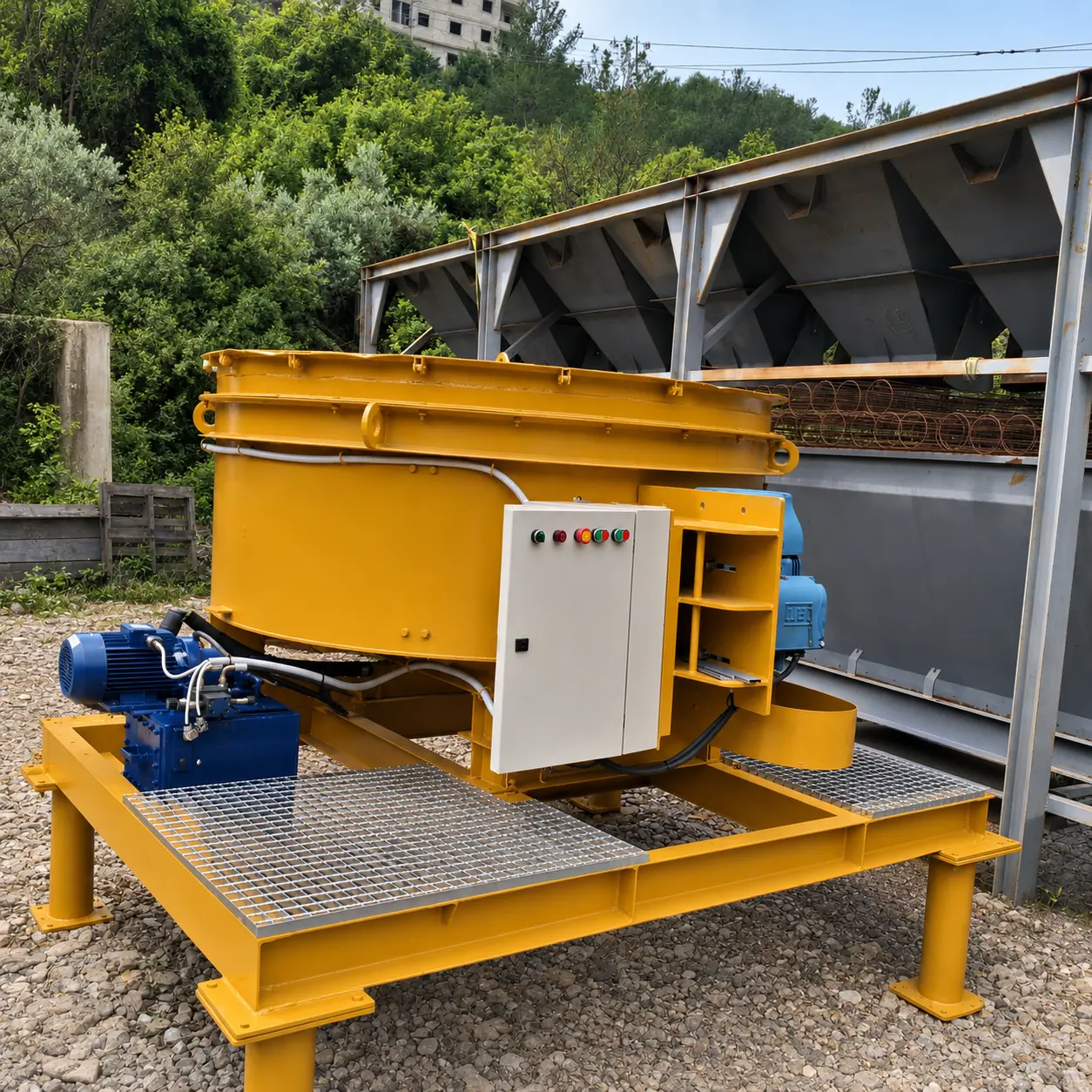 Asphalt and concrete mixer with control panel and motors